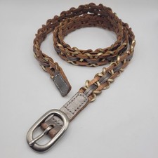 Brown Leather Belt One Size Skinny Braided Woven Metallic Gold Boho Western Thin