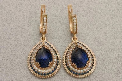 3 kt Birne Lab Created Saphir Ohrhänger 14 K Gelbgold vergoldet Silber