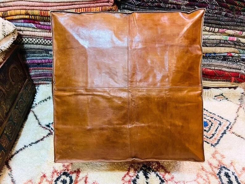 Ottoman Moroccan Leather Pouffe Boho Unstuffed Footstool New 30'' Genuine Brown - Image 4 of 4