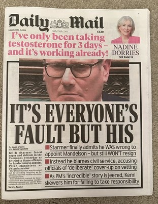 Daily Mail 21. April 2026 21.4.26 Keir Starmer Commons Pressure & West Ham Draw