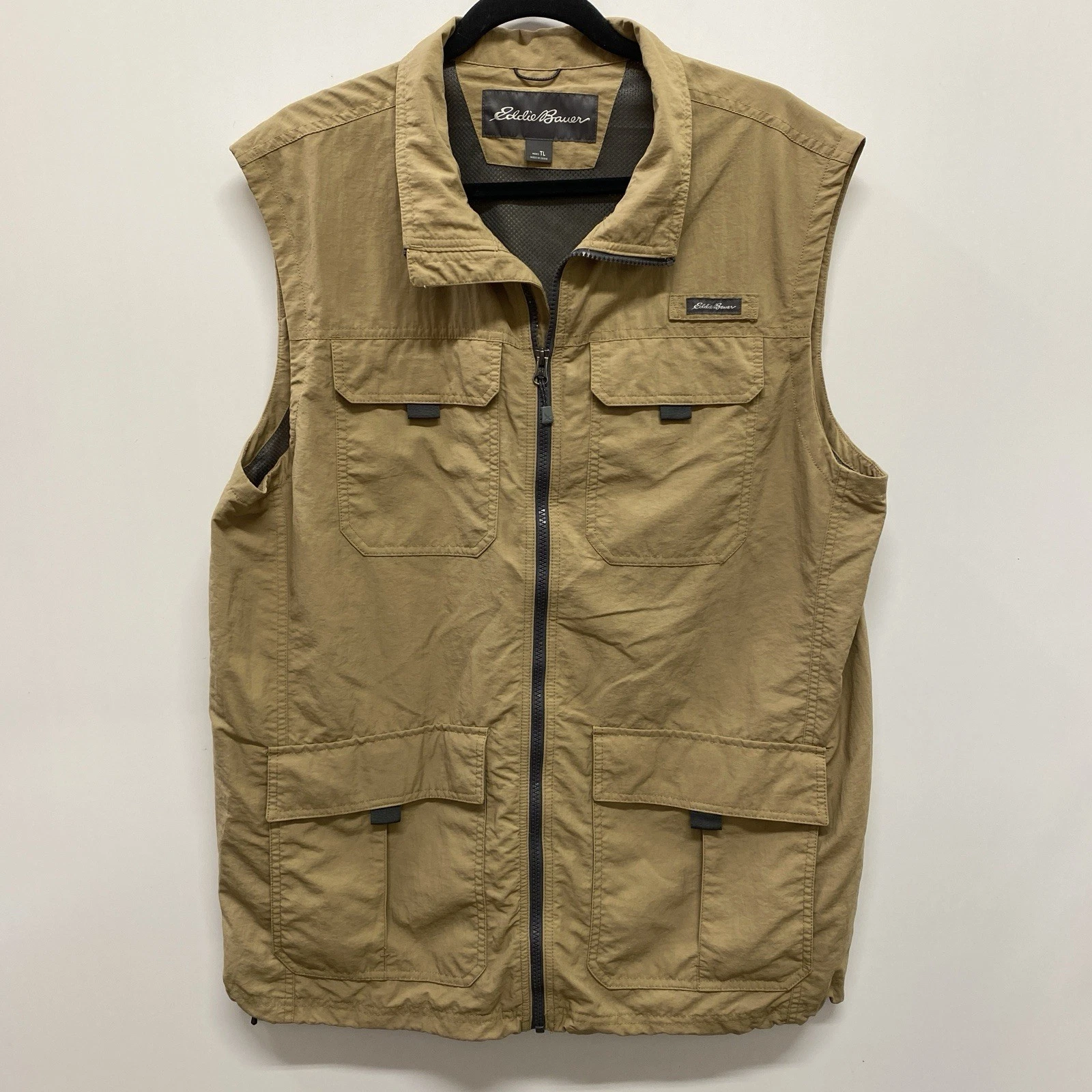 Eddie Bauer 100% Nylon Tan Vest Men's TL Large Tall Multi Pocket Travel Fishing