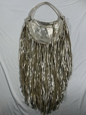 Artisan Boho Metallic Gold Leather Fringe Hobo Bag Whipstitch Spiral Logo Stamp