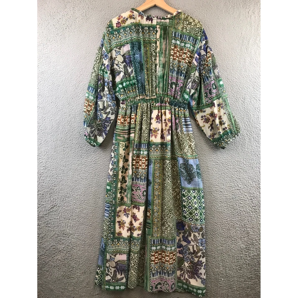 Vestido midi con estampado floral y retazos de ZARA manga larga cuello atado para mujer talla M Foto 2 de 4