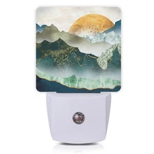 Night Light Plug in LED Lamp Auto Sensor Green Mountain Golden Sunset Decor