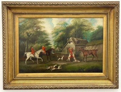 Marvelous Antique Large Royal Fox Hunting Scene Signed W/Heavy Wood Gold Framed