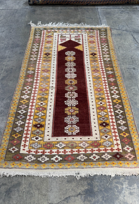 Hand Knotted Wool Turkish Rug 1950s Geometric Design 90 x 49.5 in