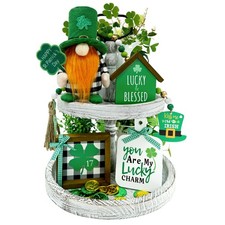 St. Patrick's Day Decor Set 5pcs Gnome Tiered Tray Decor Shamrock Wood Signs B..