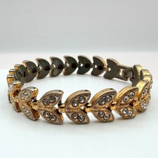 Vintage 90s Gold Tone Leaf Link Clear Rhinestone Bracelet Boho Women's Jewelry