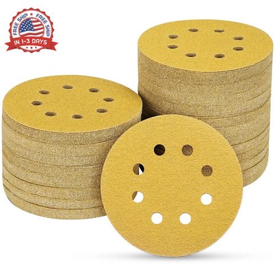 100PCS 5 Inch 8 Hole Sanding Discs 100 Grit,Gold Round Hook and Loop Sandpaper f