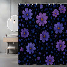 Floral Purple Shower Curtain on Black Background - Waterproof Fabric