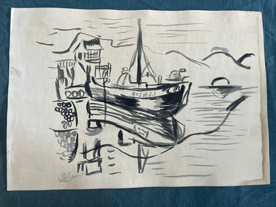 WILLIAN H JOHNSON drawing and painting on old paper signed stamped vintage