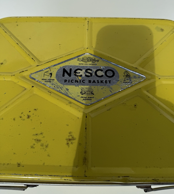 Vintage Nesco Tin Picnic Basket PicnicRyte 13.5x9.5x8 MCM Yellow