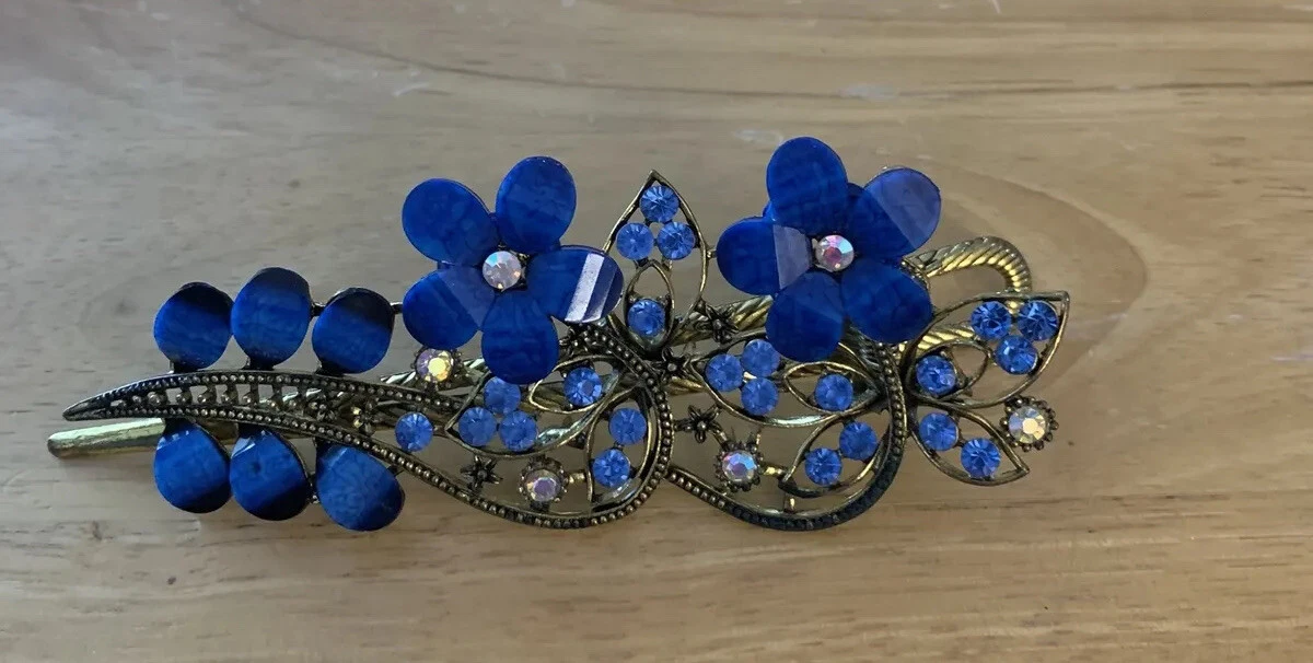 Large Alligator Hair Clip Blue Rhinestones Flowers Design Wedding