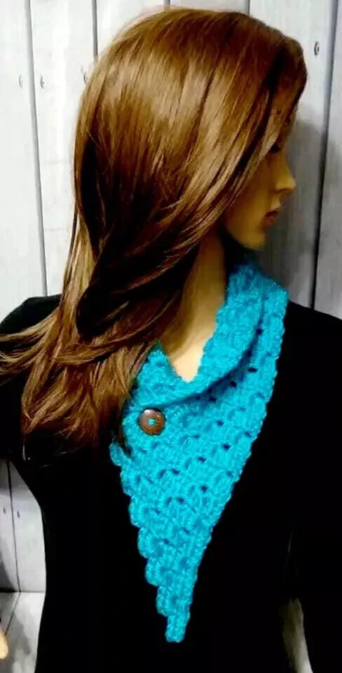 Handmade mint blue crochet cowl scarf with button triangle neck warmer USA new