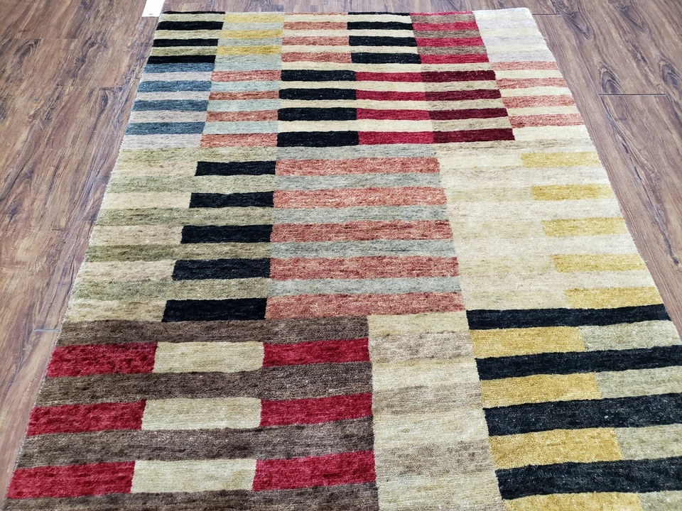 Modern Tibetan Rug 4' x 5' 9" Abstract Handmade Carpet Soft Wool Multicolor Nice - Image 4 of 4
