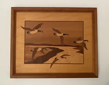13x16 Hudson River Marquetry Inlay Canadian Geese In Flight Signed Nelson 1989