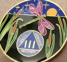 Black Gold Blue DragonFly Alcoholics Anonymous AA 3 year Medallion Token Coin