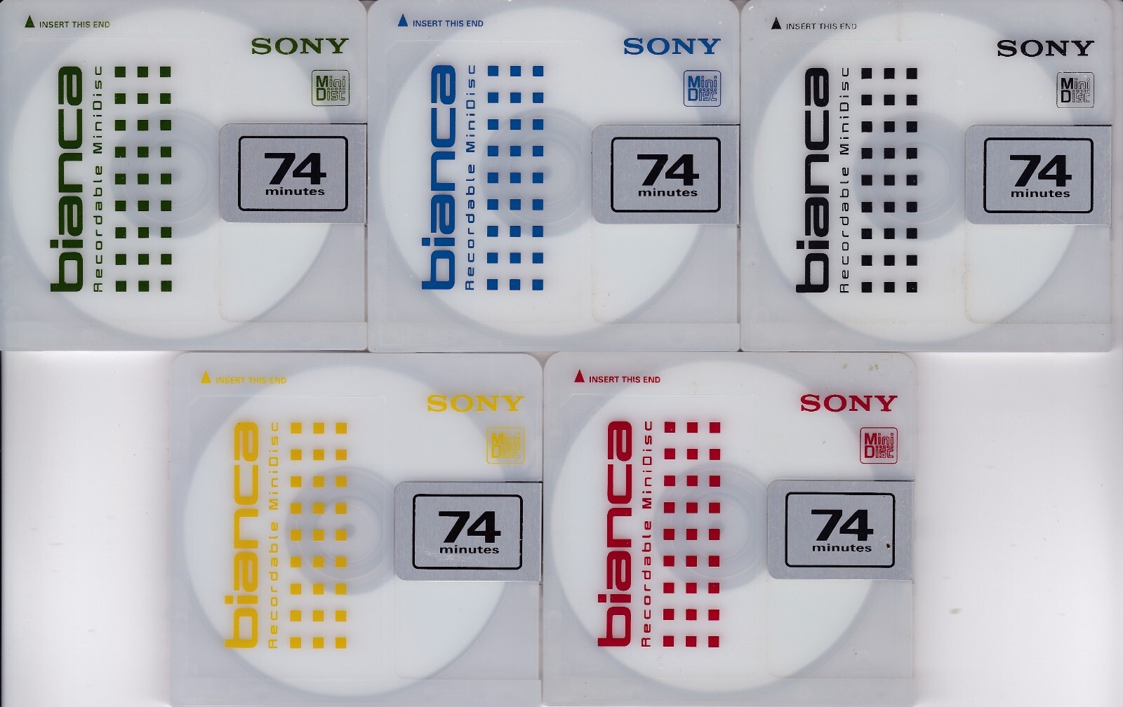 5 Sony Bianca 1st edition MiniDiscs. 5 color set - 74 minutes fast USA shipping
