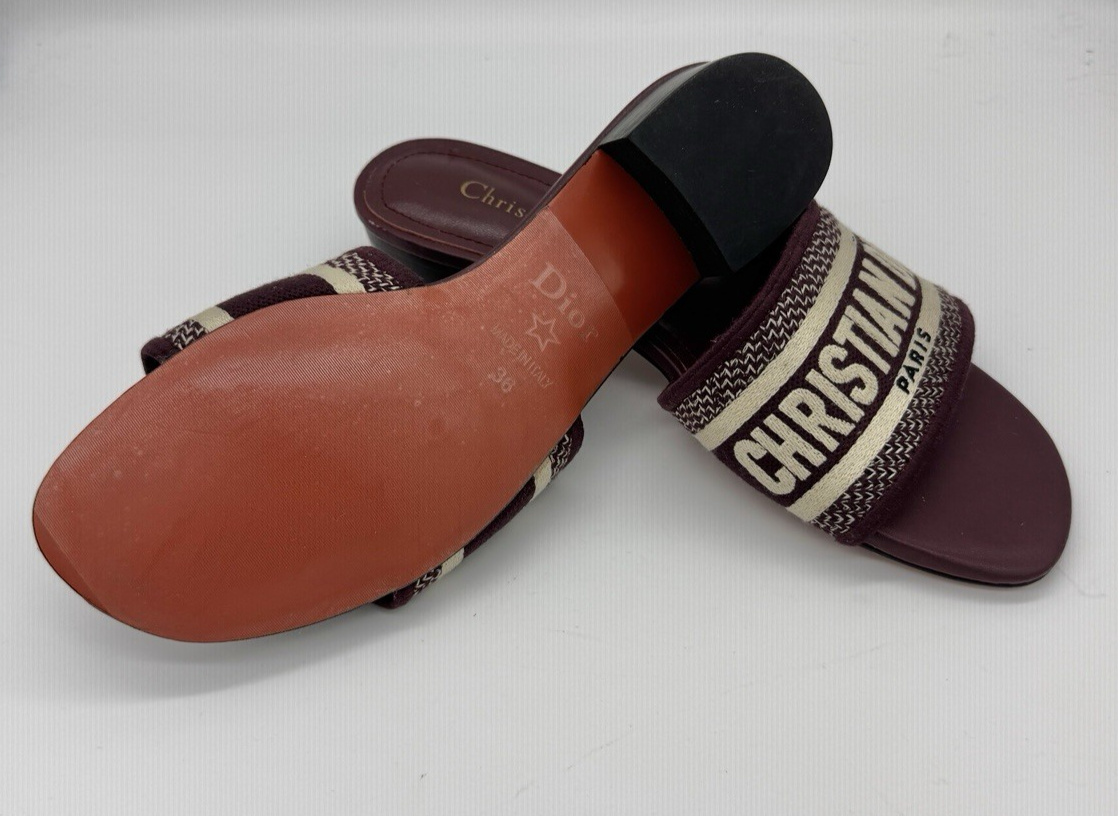 Christian Dior D-Way Burgundy Embroidered Cotton Heeled Slides