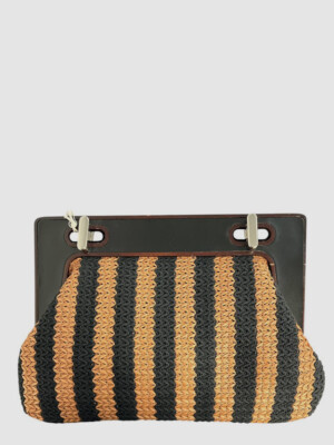 Staud Women's Black Alba Frame Clutch Stripe Wooden Raffia Purse Bag