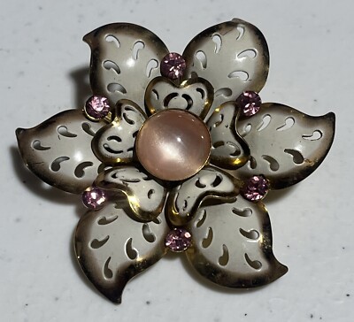 Vintage Coro Pink Lucite Rhinestone White Open Eyelet Brass