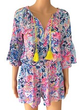 Lilly Pulitzer Del Lago Romper Colorful Flare Sleeve V-neck Tassel Size XS