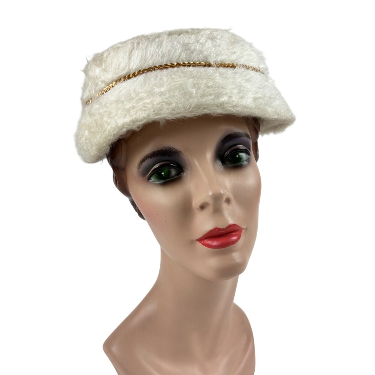 Vintage 50s Faux Fur Hat White Shaggy Fur Gold Sequin Bow  display picture 3