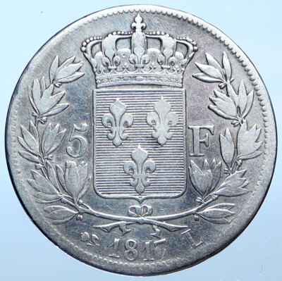 1817 A FRANCE King LOUIS XVIII OLD Rouen Antique FRENCH 5 Francs