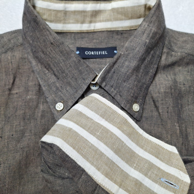 MENS 100% Linen Button-Down Shirt Sz EU XL (US 46) Brown Cortefiel Flip Cuffs