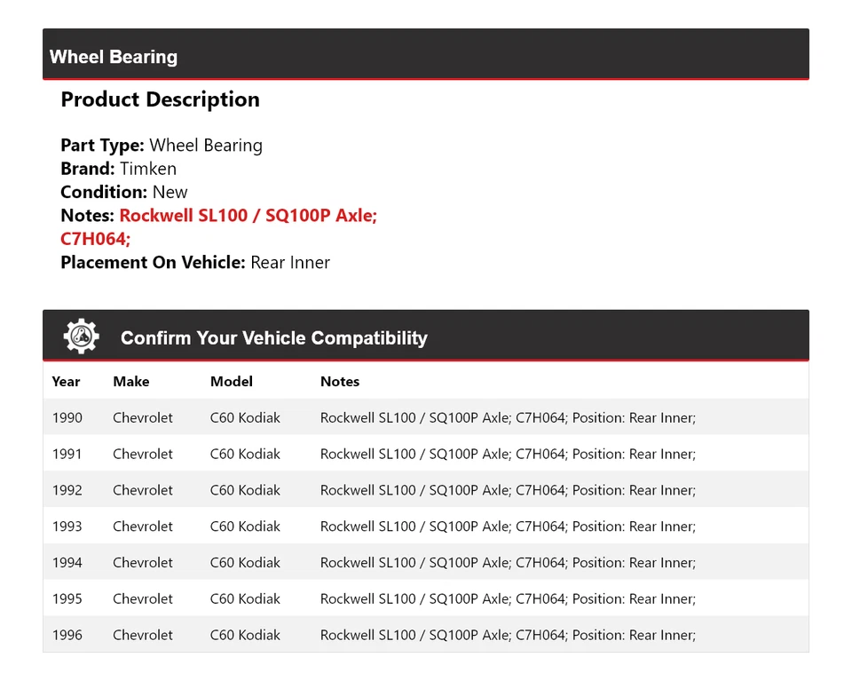 适用于 1990 - 1996 年雪佛兰 C60 Kodiak 轮轴承后内铁姆肯 1991 年 — 第 2/4 张图片