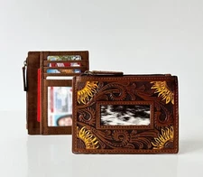Handcrafted Genuine Leather Card Holder with Western Design - Small Card Wallet