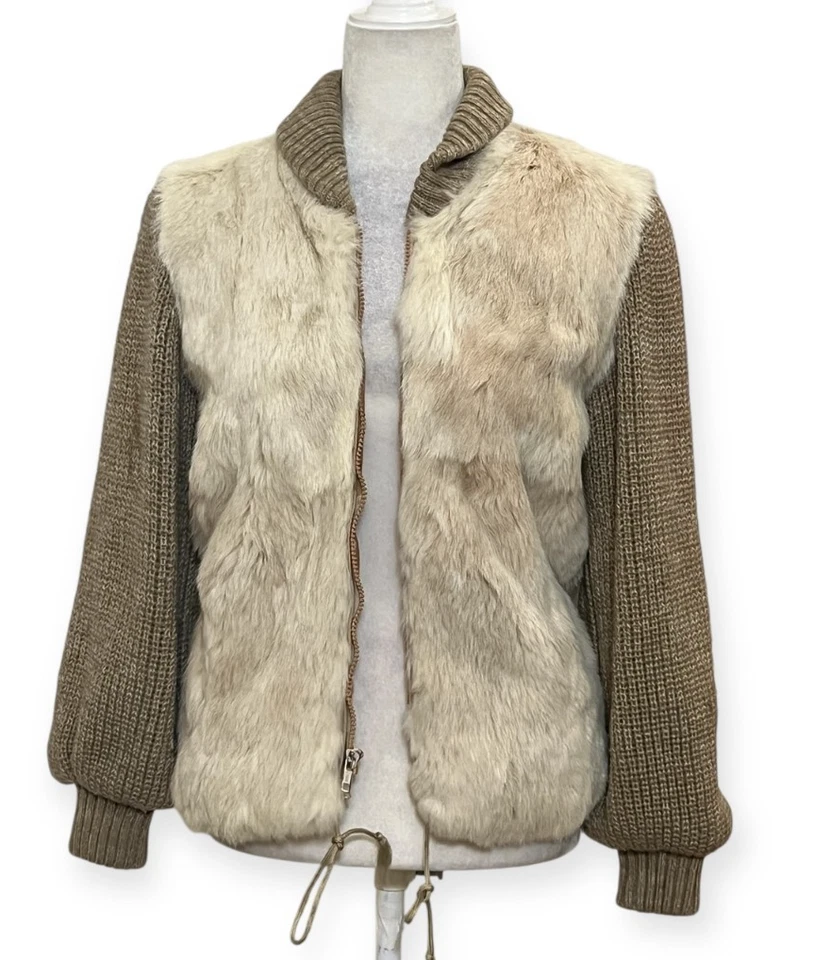Élan Rabbit Fur Knit Bomber Jacket Sz S Korea 100% French Rabbit Hair Tan Wool B - Image 2 of 4