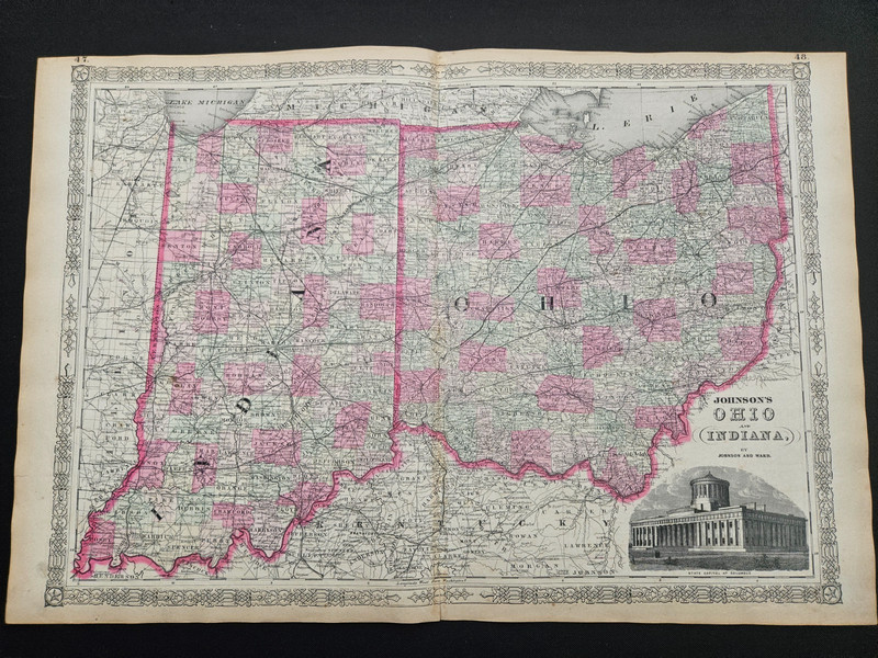 1863 Johnson Atlas Antique Map Ohio Indiana Civil War Era 100% Genuine