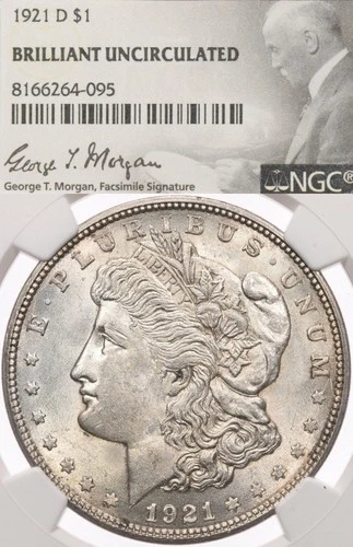 1921-D $1 NGC Brilliant Uncirculated Morgan Silver Dollar Denver Signature