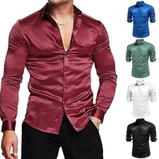 Mens Satin Silk Shirts Long Sleeve Blouse Solid Formal Party Tops Fashion Casual