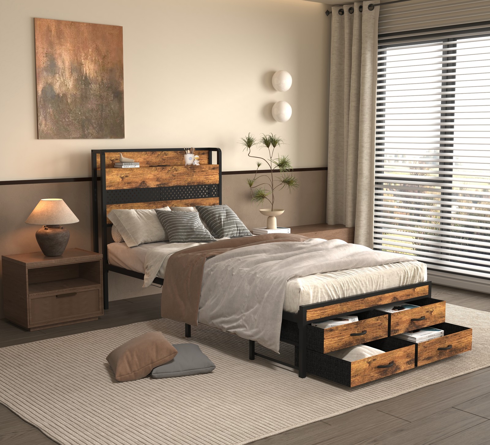 With Wood Storage Shelf Headboard And 4 Drawers / Led Brown