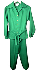 Vintage 60s 70s Two Piece Leisure Suit Green Gold Buttons Colorful Retro Outfit
