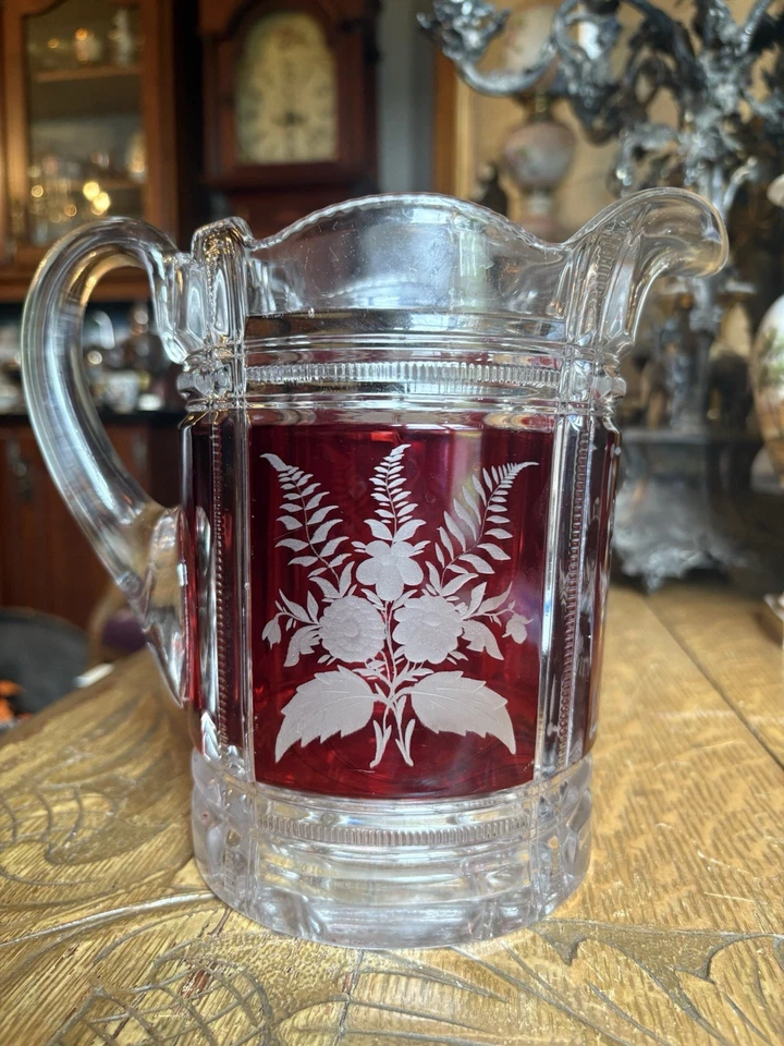Victorian Antique EAPG Ruby stained Glass Water Pitcher Mamma's Birthday Gift US - Image 3 of 4