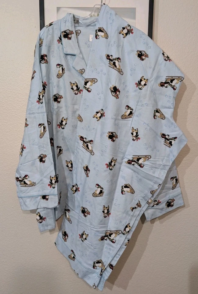 Classic Elements Woman 2 Pc Flannel Baby Blue Penguins Winter Pajama Set  NWT 3X - Image 3 of 4