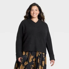 Women's Cozy Knit Boxy Pullover Sweater - A New Day Black XXL