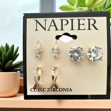 Napier Gold Tone/Cubic Zirconia Post Back Earrings-3 Pair Set-NWT