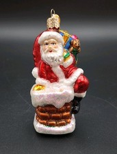 Old World Christmas Santa Clause In Chimney Glass Ornament W Metal Tag