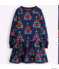 MINI BODEN Navy Christmas Trees Cosy Sweatshirt Dress Size 2-3 Years