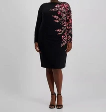 Kasper Women's Black Floral-Print Lined Side-Pleat Sheath Dress Plus Size: 2X