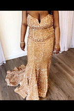 Women’s Gold Sequin Mermaid Gown Long Fitted Sweetheart Half Sleeve Formal