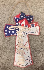 Patriotic Cross Door Hanger Freedom 4th of July Wooden Sign