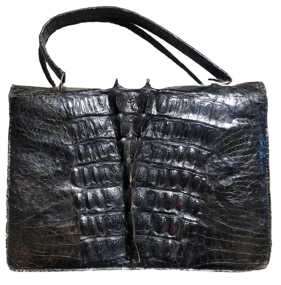 Vintage 1960s Genuine Crocodile Hornback Handbag Purse Crossbody Black Handmade - Image 2 of 4