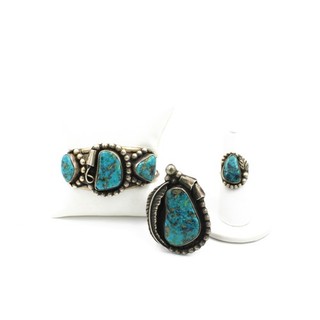 Navajo Signed Leonard Jim Sterling Raindrop Turquoise Jewelry Set of 3 #S4575 1