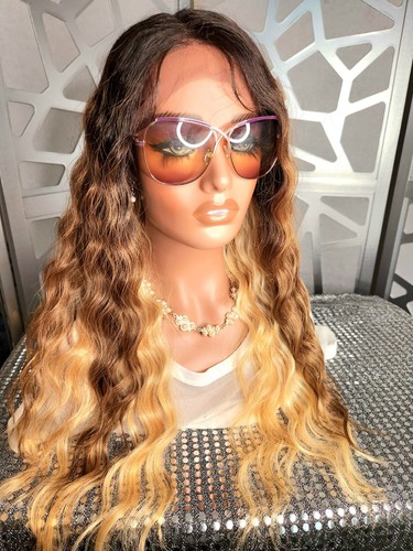 Wavy Blonde Wig Lace Front Wig Curly Wig Ombre Highlights Human Hair Blend Heat - Picture 2 of 8