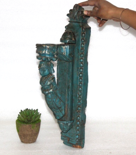Vintage Wooden Movable Women's Carved Candle Stand Blue Wall Hanging Old - Picture 1 of 10